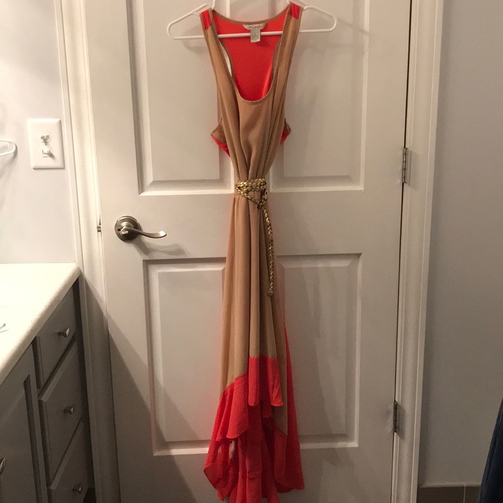 Racerback high/low coral and taupe tank dress